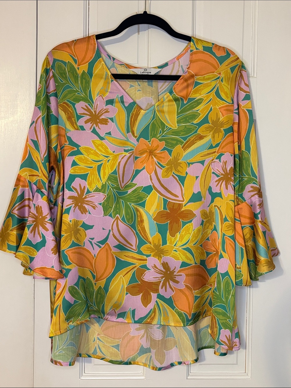 LaRoque Original Floral V-Neck Bell-Sleeve Tunic in Pink, Yellow & Green